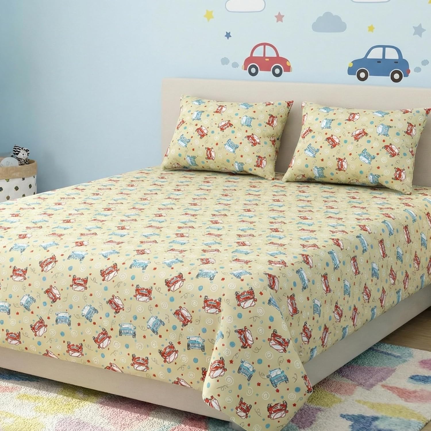 Pure Cotton Kids Bedsheet Double Bed Queen Size With 2 Pillow Covers | 90 X 100 Inches, Multicolor | Fun Cartoon Theme, Soft & Breathable Fabric