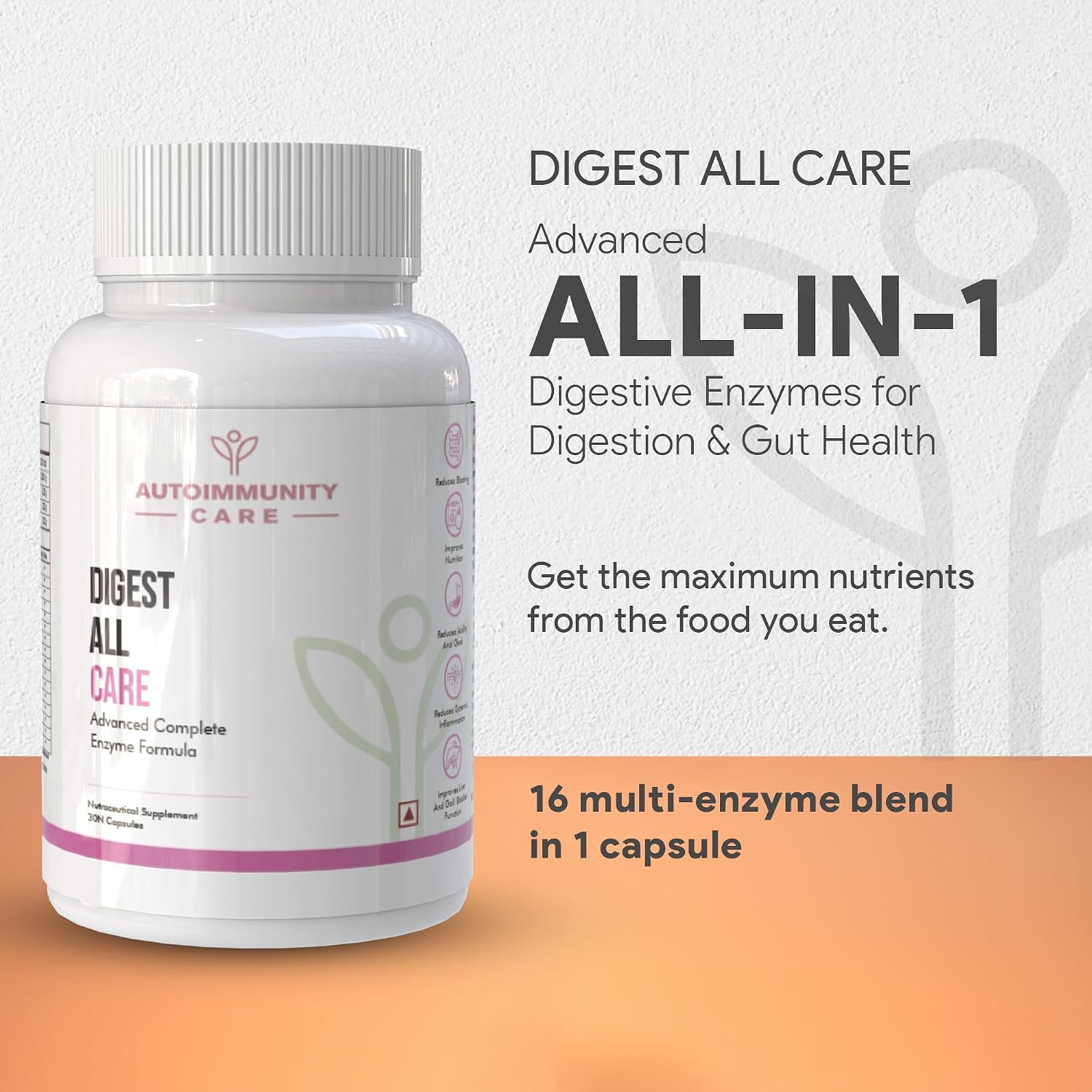 Autoimmunity Care Digest All Care Advanced All - In -1 Digestive Enzymes For Digestion Support Prevents Indigestion, Bloating, Gas & Stomach Discomfort | 30 Capsules, 50gm 0.1lbs