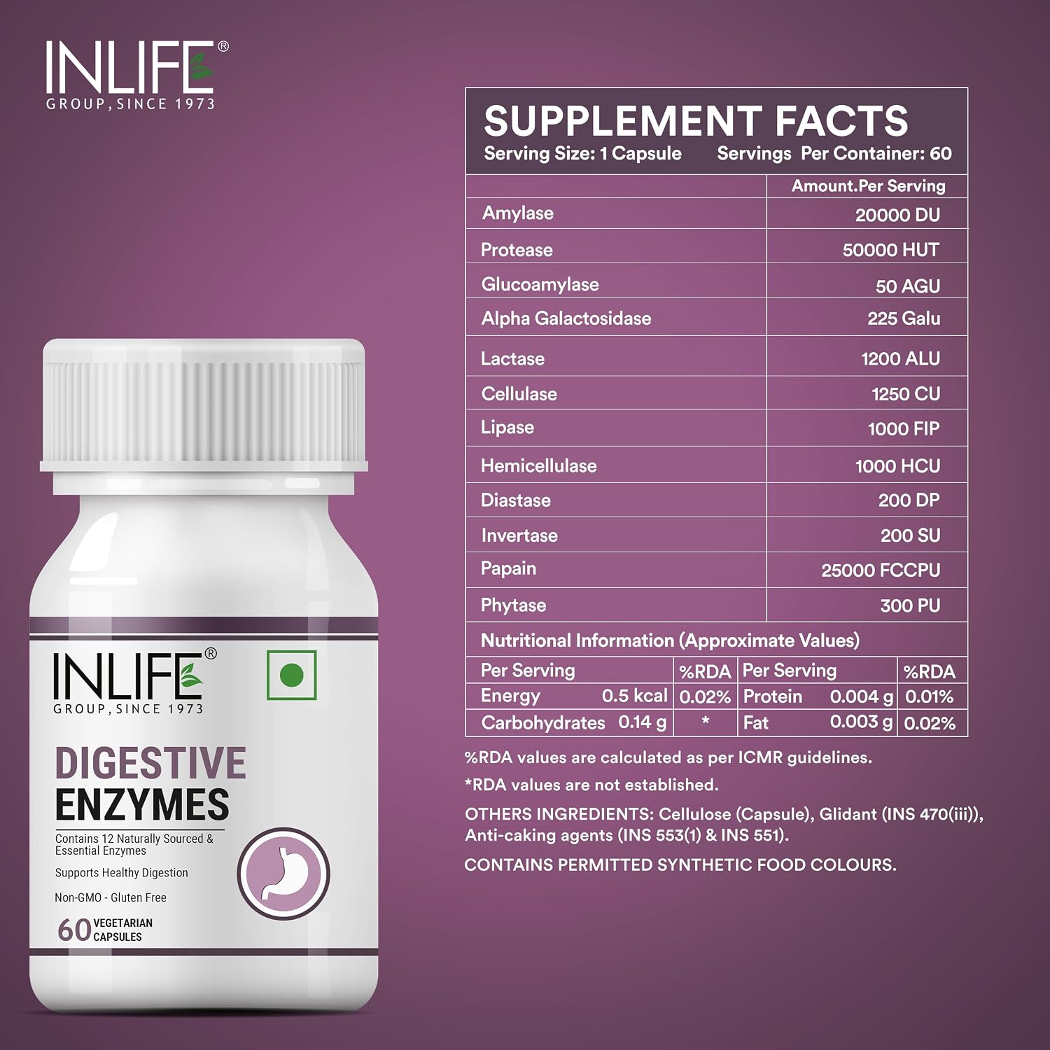 Inlife Digestive Enzymes Supplement Contains 12 Naturally Sourced & Essential Enzymes, Supports Healthy Digestion | 60 Vegetarian Capsules , 100gm 0.2lbs