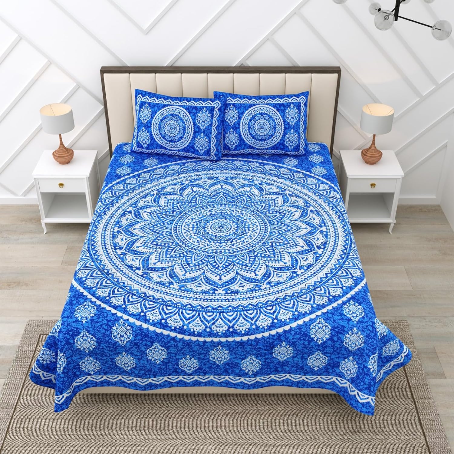 Pure 100% Cotton Double Bed Sheet With 2 Pillow Covers - 90 X 100 Inches, Blue & White | Beautifully Handcrafted Traditional Bedsheets - Skin Friendly Fabric
