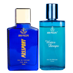 John Phillips Men Passport 100ml 3.4 Fl.oz. & Water Drops 125ml 4.2 Fl.oz. Pack Of 2 For Unisex