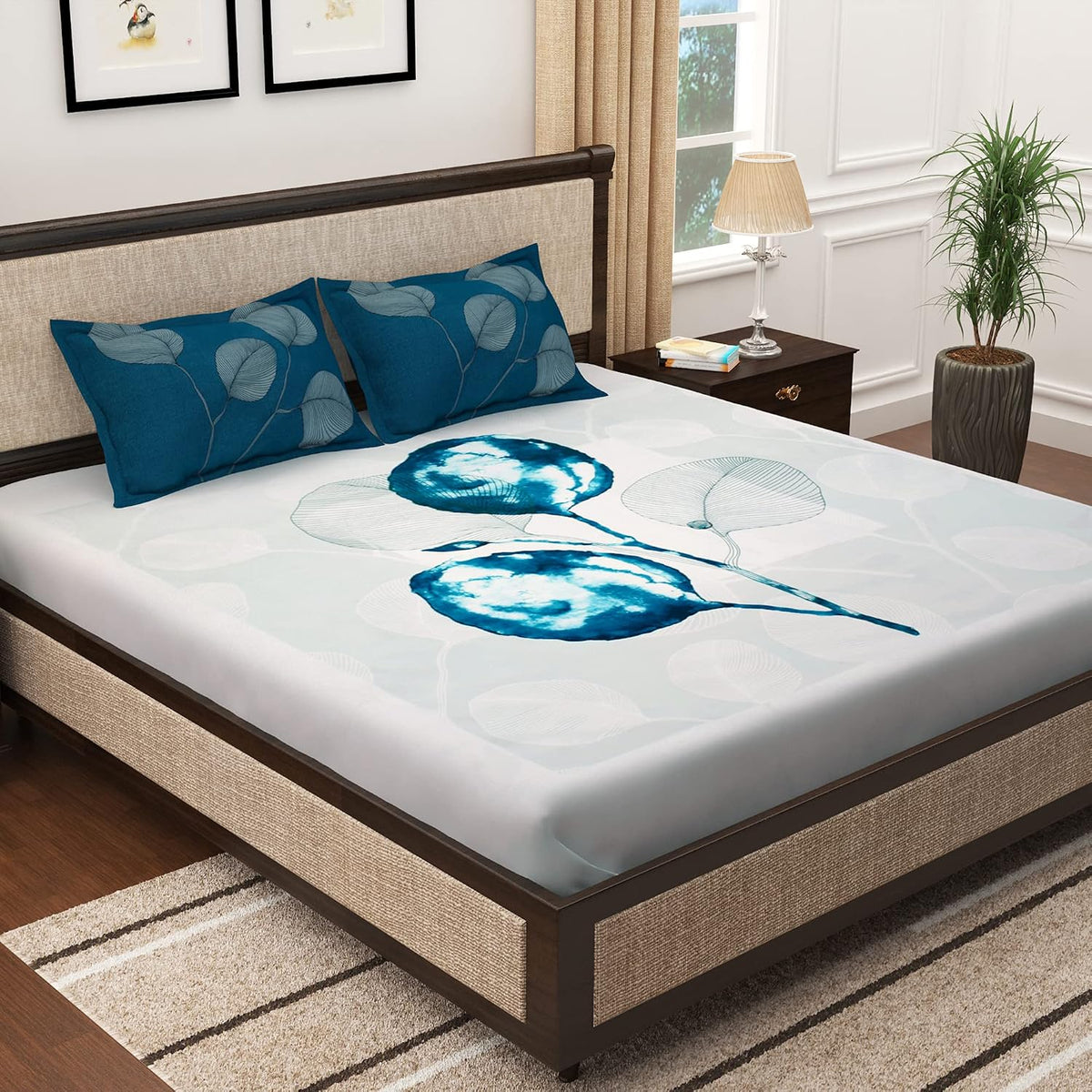 King Size Bedsheet With 2 Pillow Covers - 106 X 106 Inches, White & Blue | Summer Breathable & Wrinkle Free | Bedsheet Long Lasting & Soft To Touch