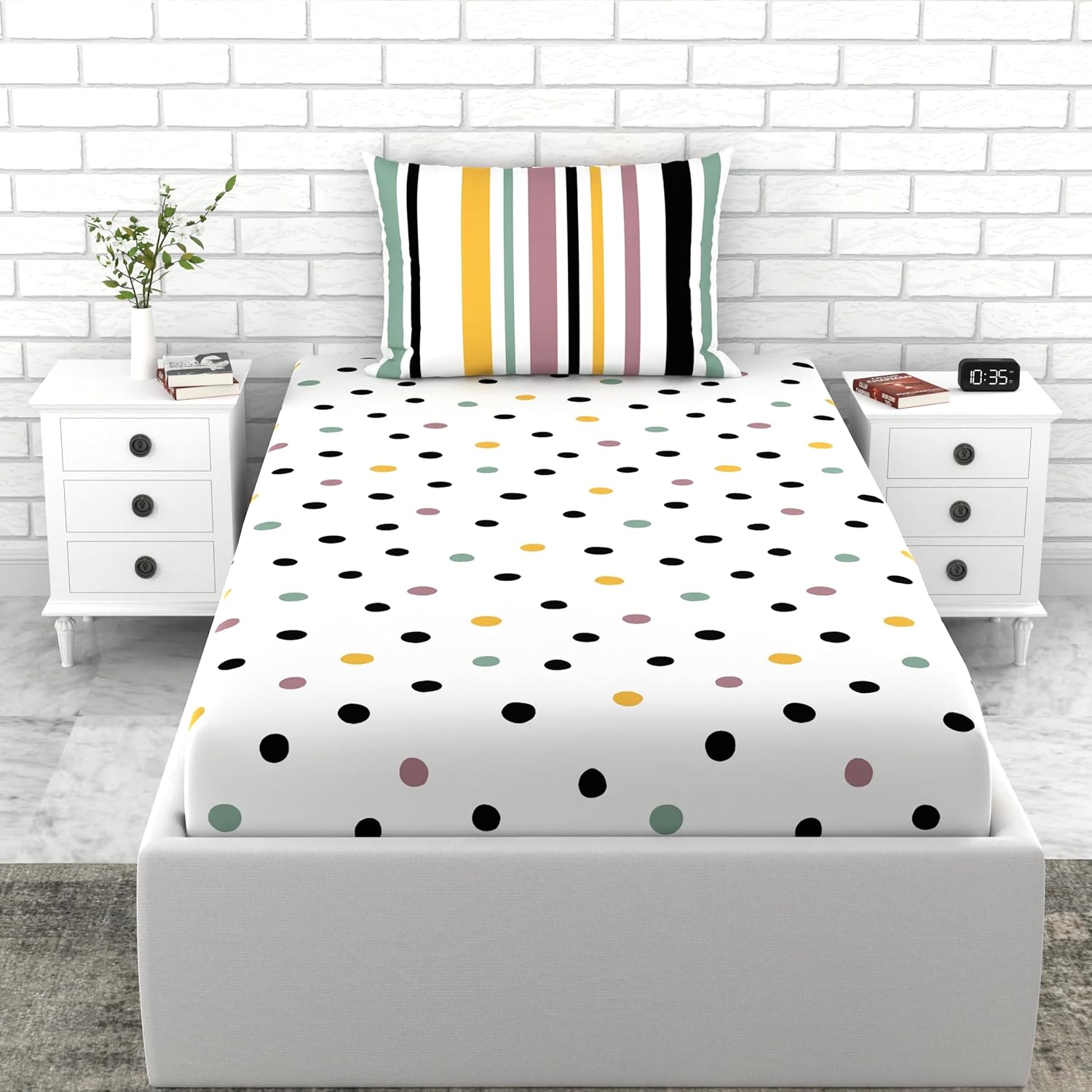 Cotton Elastic Fitted Bedsheet Single Bed With 1 Pillow Cover - 36 X 78 Inches, Multicolor | Perfect For Everyday Use | Ultra-Soft & Breathable