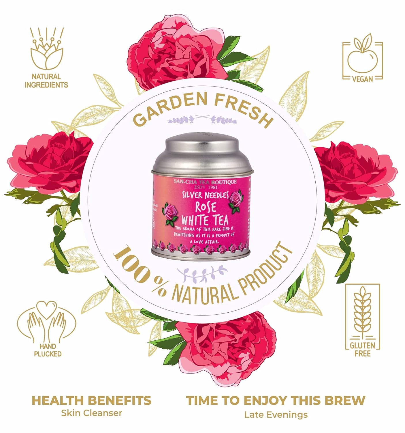 San-Cha Silver Needles Rose White Tea - 25gm, 0.8 Ounce | Promotes Healthy & Glowing Skin - Low Caffeine, Richest In Antioxidants