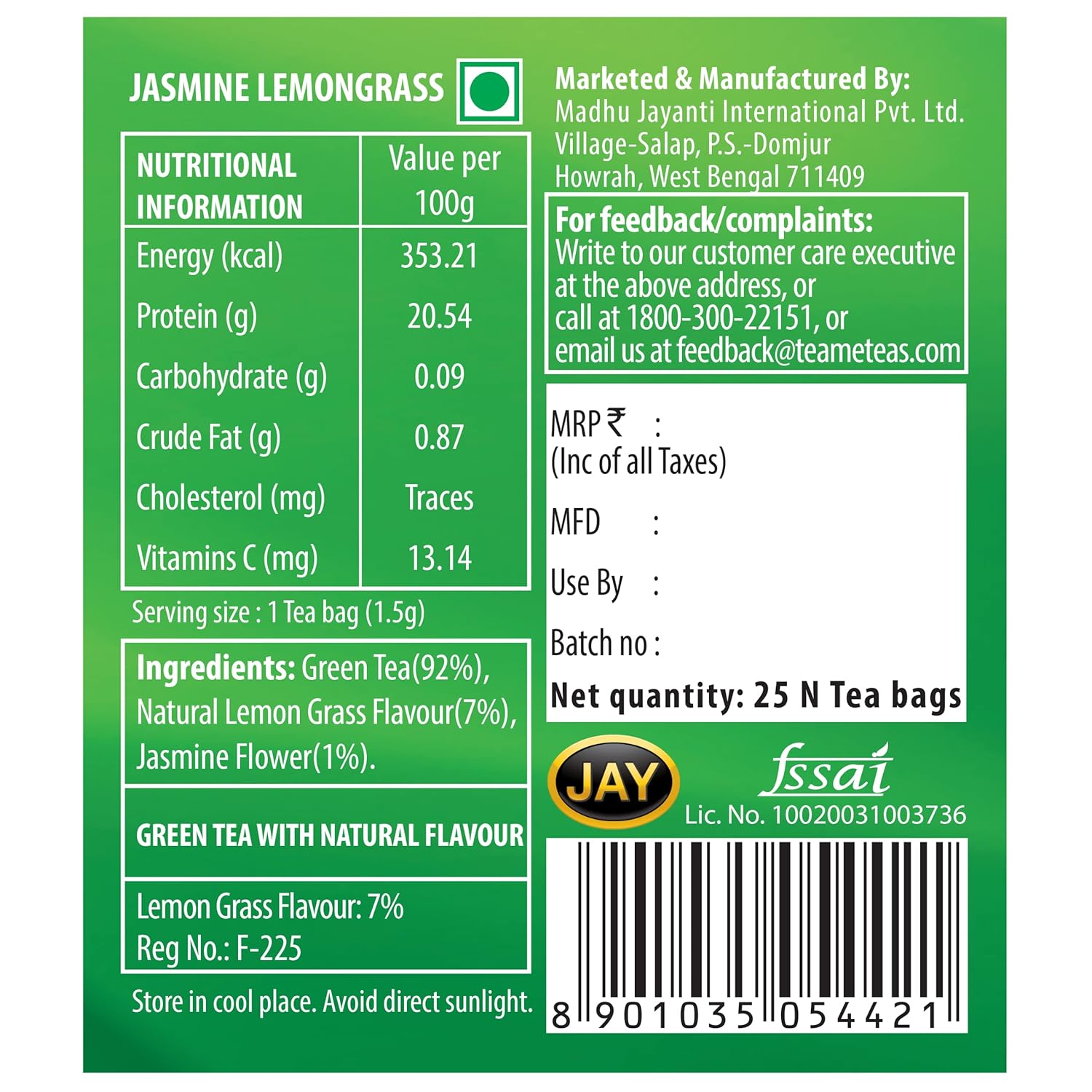 TE-A-ME Soothe Jasmine Lemongrass Green Tea - 25 Tea Bags | Detox & Slimming Green Tea - Medium Caffeine, 100& Natural Ingredients