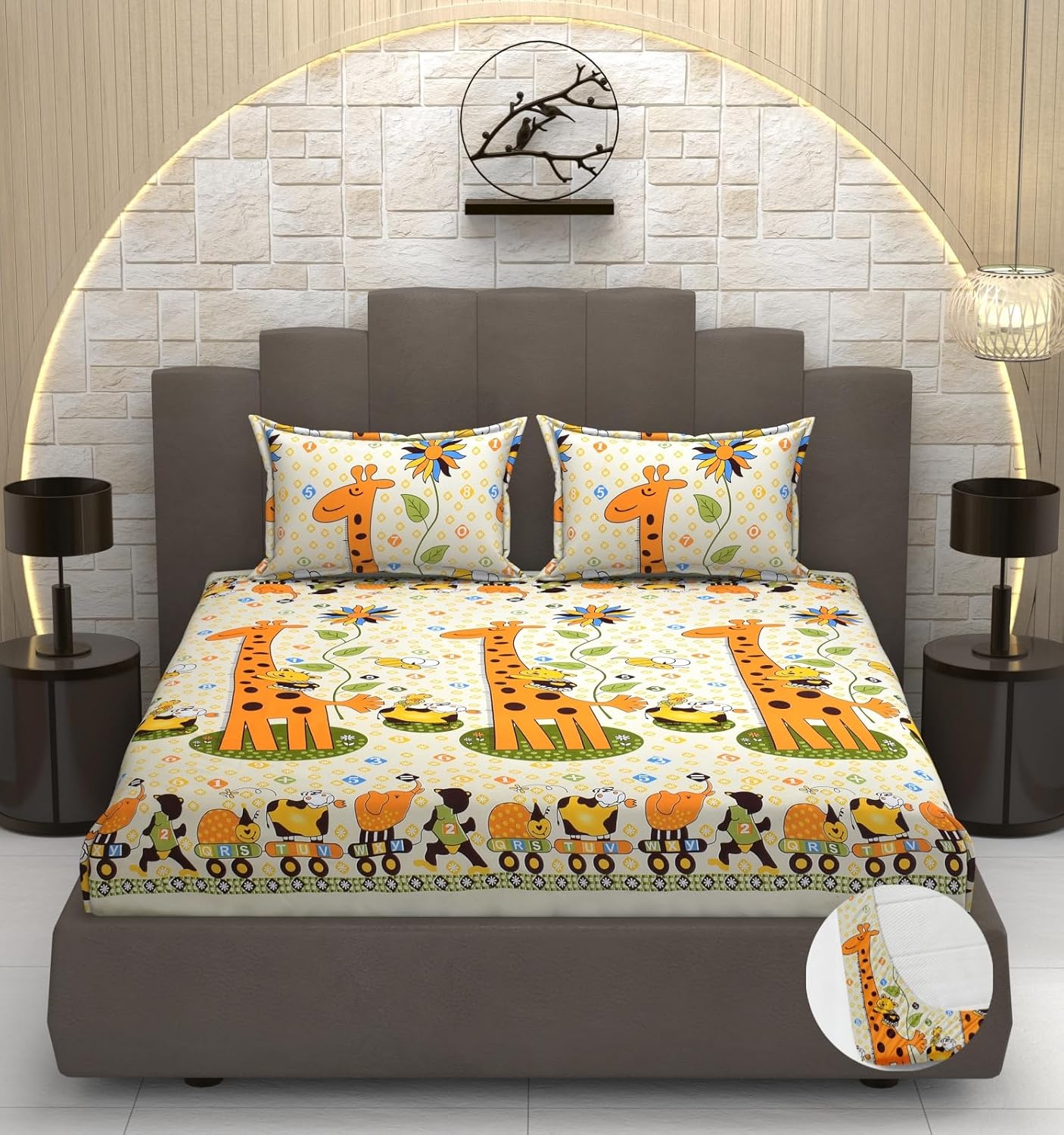 Kids 1 Double Bedsheet For King Size With 1 Pillow Covers - 72 X 78 X 10 Inches, Multicolor | Cotton Feel All Around Elastic Fitted Bedsheet