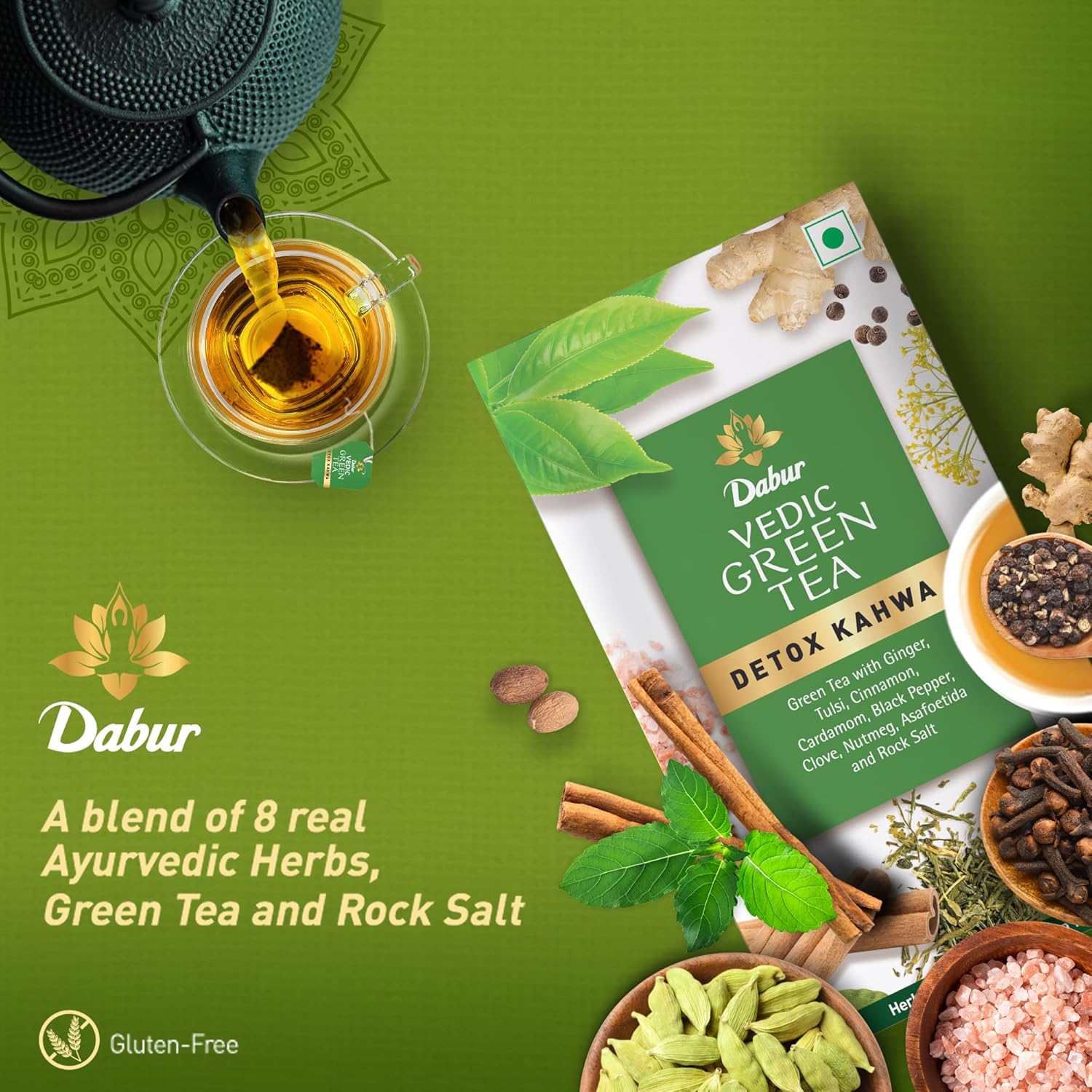 Dabur Vedic Detox Kahwa Green Tea - 25 Tea Bags | Blend Of 8 Real Ayurvedic Herbs & Rock Salt - Helps In Detoxification, Improves Digestion | Caffeine Free