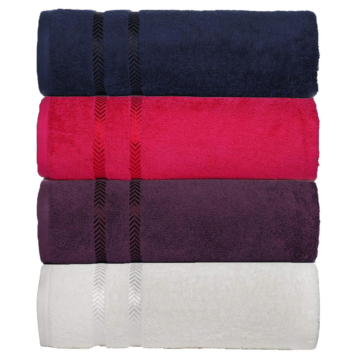Casa Copenhagen Ember Premium Cotton Large Bath Towels 1800 Gsm (Navy Blazer, Pink, Prune Purple & Snow White) - Pack Of 4