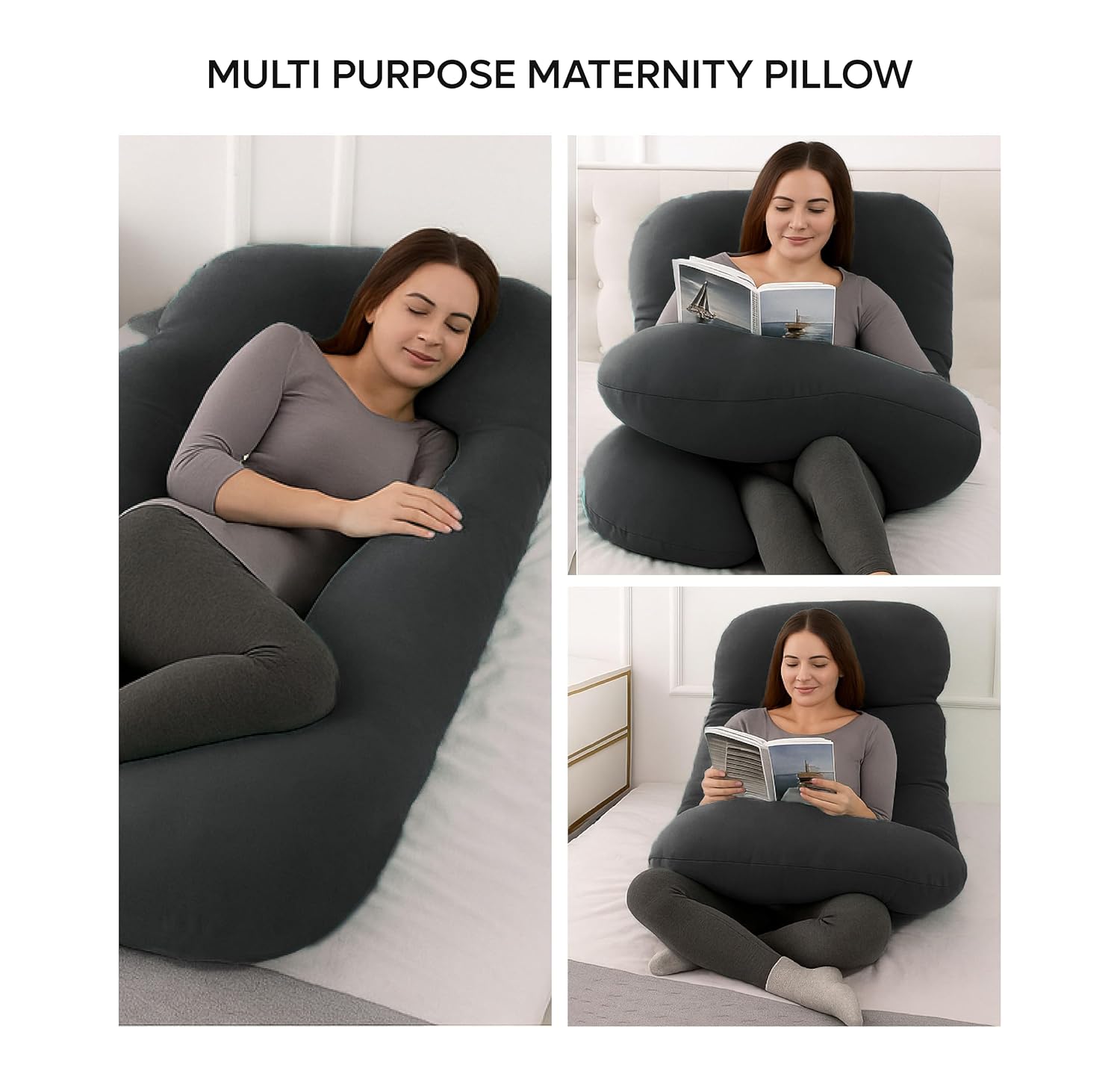 J Shape Pregnancy Pillows For Sleeping, Maternity Support, Soft Pillow, Grey | Multipurpose Pillow For Back, Hips, Support With Removable Washable Velvet Cover, Perfect For All Sleepers