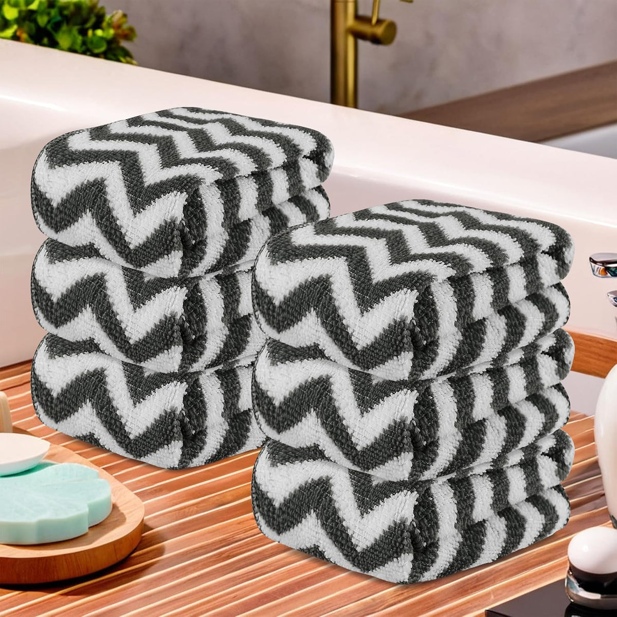 Kuber Industries Super Absorbent & Reusable Microfibre Face Towel 900 Gsm (Zig Zag Grey) - Pack Of 6