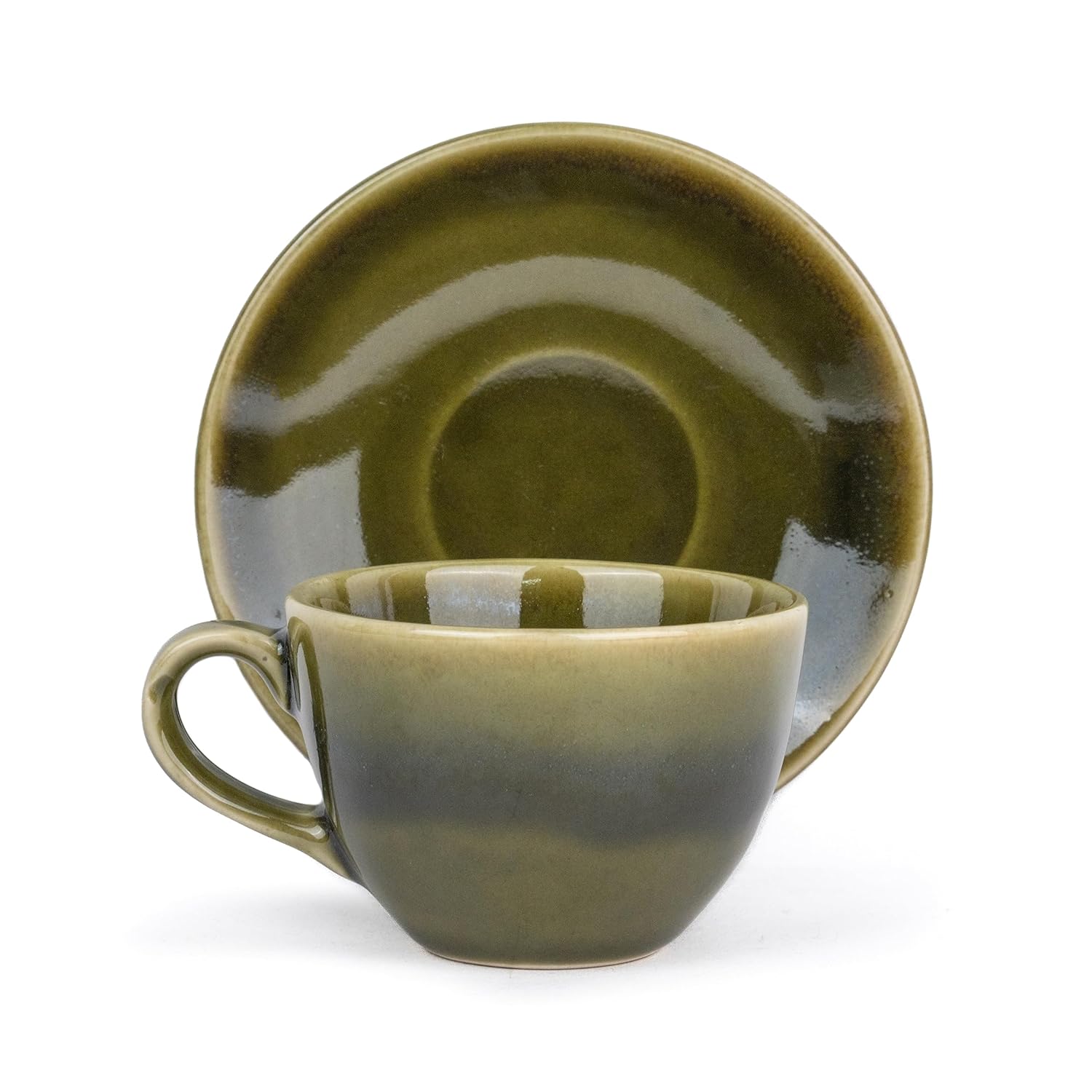 Ceramic Cup & Saucer Set Of 6 - Mehndi Ombre, 200ml Each Cup | Cup Saucer Set - 6 Cups + 6 Saucers | Tea Set With Glossy Finish - Ceramic Tea Cup & Saucer Set | Microwave & Dishwasher Safe