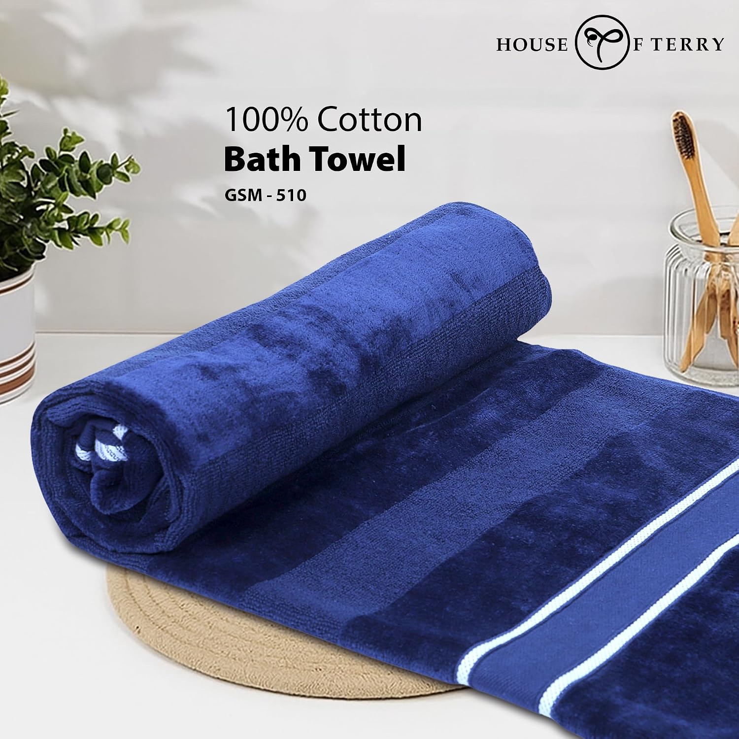 House Of Terry 100% Cotton Bath Towel 500 Gsm | Quick Dry, Soft & Absorbent, Fade-Resistant, Skin-Friendly Towel For Men & Women (Jubliee Navy) - Pack Of 2