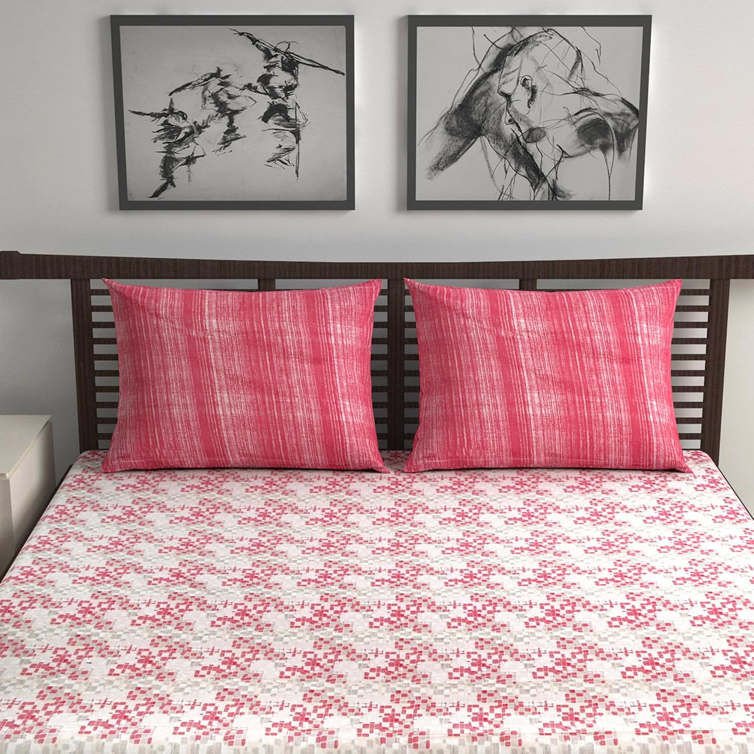 100% Pure Cotton Double Bedsheet For Queen With 2 Pillow Covers - 87 X 100 Inches, Red & Grey | Soft & Durable For Everyday Use & Bedroom - All Season Comfort