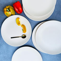 Subhra Handcrafted Ceramic Dinner Set - 12 Pieces | 6 Dinner Plates + 6 Katori Bowls, 180ml Each | Matte Finish White Dinnerware Set | Serving For 6, Microwave Safe