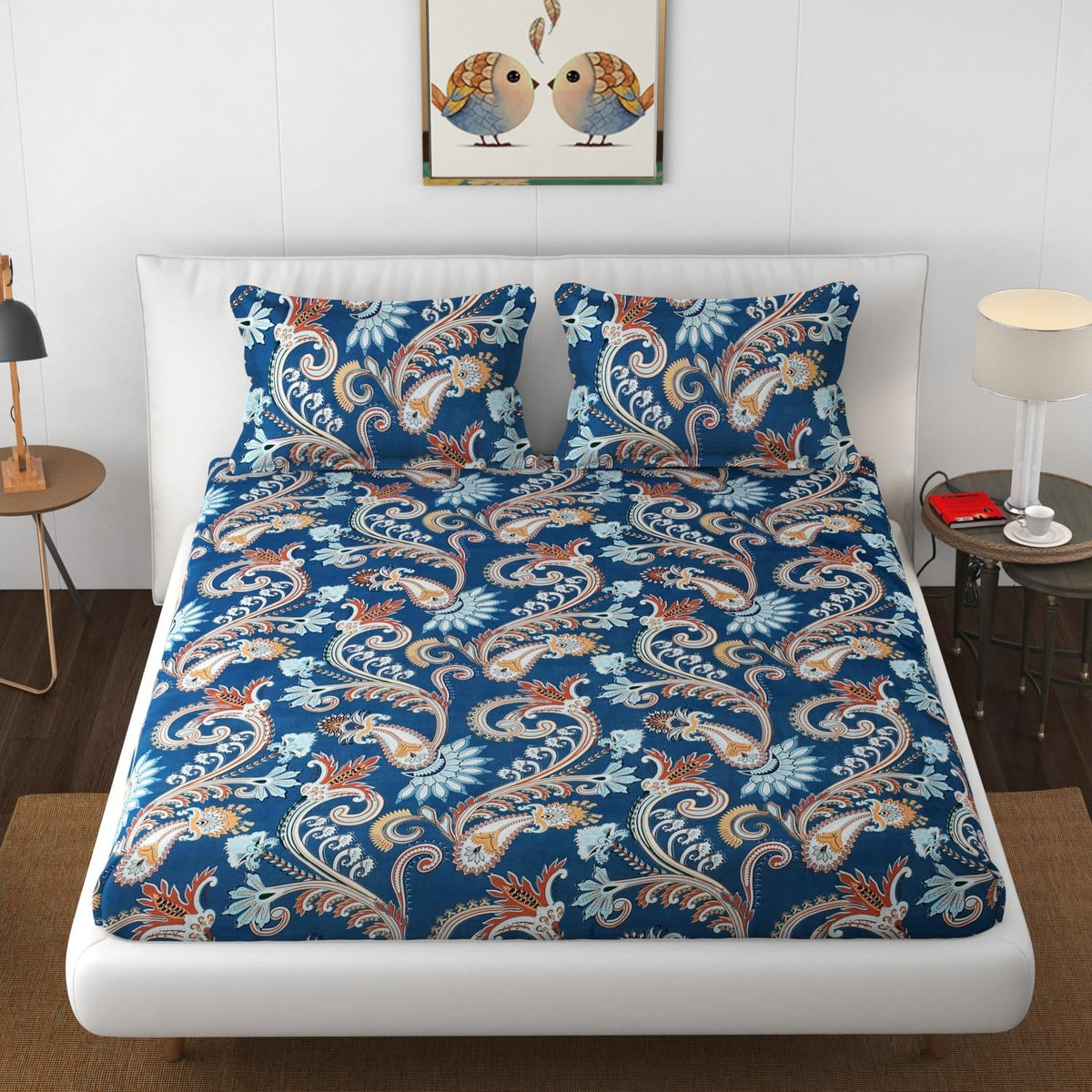 Elastic Fitted Double Bedsheets For King Size With 2 Pillow Covers - 72 X 78 X 10 Inches, Dark Blue | Premium Heavy Cotton All Around Elastic Fitted | Ideal For Hotel, Home, Bedroom
