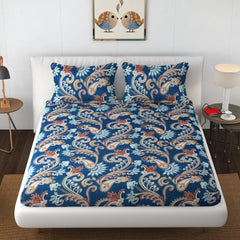 Elastic Fitted Double Bedsheets For King Size With 2 Pillow Covers - 72 X 78 X 10 Inches, Dark Blue | Premium Heavy Cotton All Around Elastic Fitted | Ideal For Hotel, Home, Bedroom