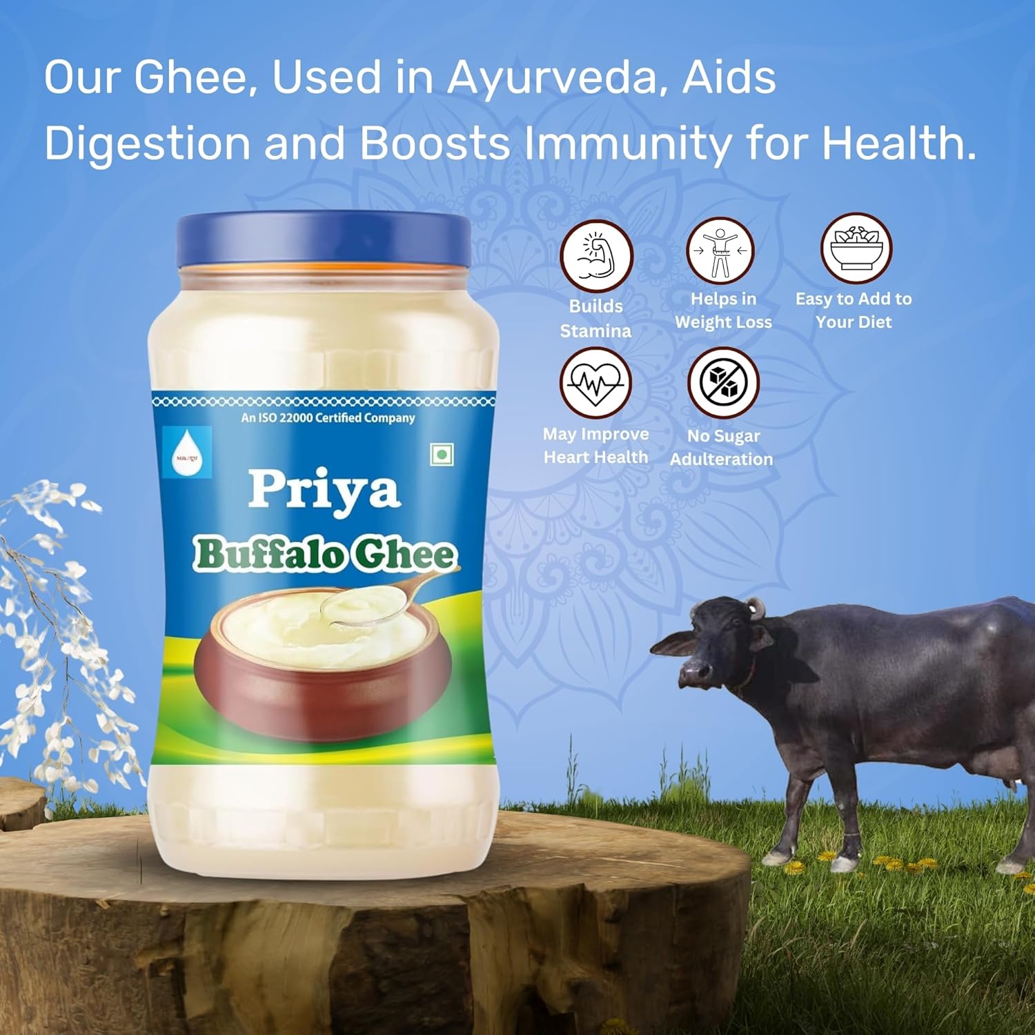 Organic Buffalo Ghee By Priya | Good Source Of Vitamin A, Delicious & Nutritious Healthy Desi Ghee Perfect For Body Health | (1 Litr) 33.8 Ounce | Jar Pack