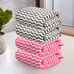 Kuber Industries Microfiber Soft Face Towel 800 Gsm | Absorbent Hanging Hand Towels For Wash Basin Bathroom | Zig Zag - Pink & Grey (4 Pcs)
