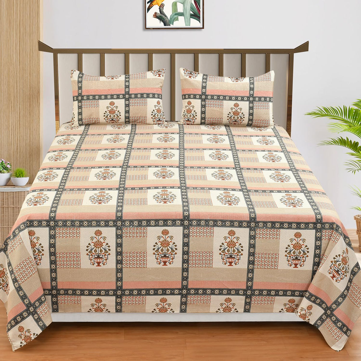 100% Pure Cotton Double Bedsheet With 2 Pillow Covers - 90 X 90 Inches, Orange & Beige | Soft, Breathable & Skin-Friendly Fade Resistant Double Bedsheet