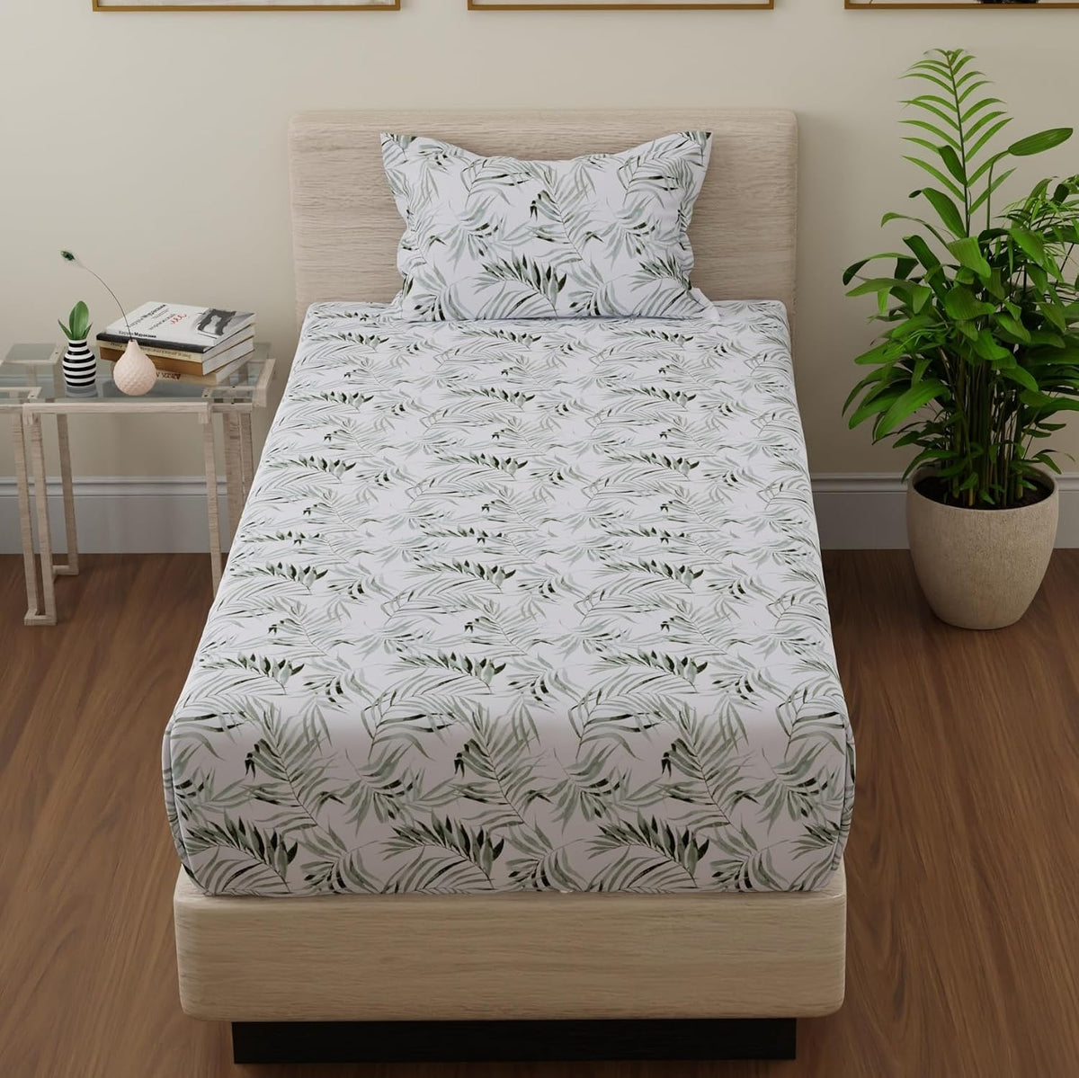 Cotton Single Bedsheets With 1 Pillow Covers - 55 X 88 Inches, Forest Green & White | Ideal For House - Bedroom, Guest Room, Perfect Gift For Festivals