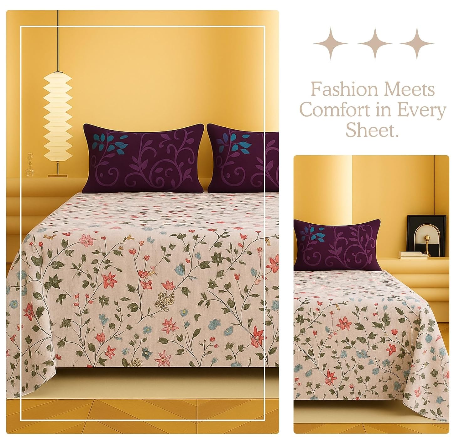 1 Double Bedsheet With Two Pillow Covers - 90 X 94 Inches, Beige | 300 Thread Count Super Soft Bed Sheet For King Size Bed Floral Design - Perfect Gift For Wedding, Anniversary