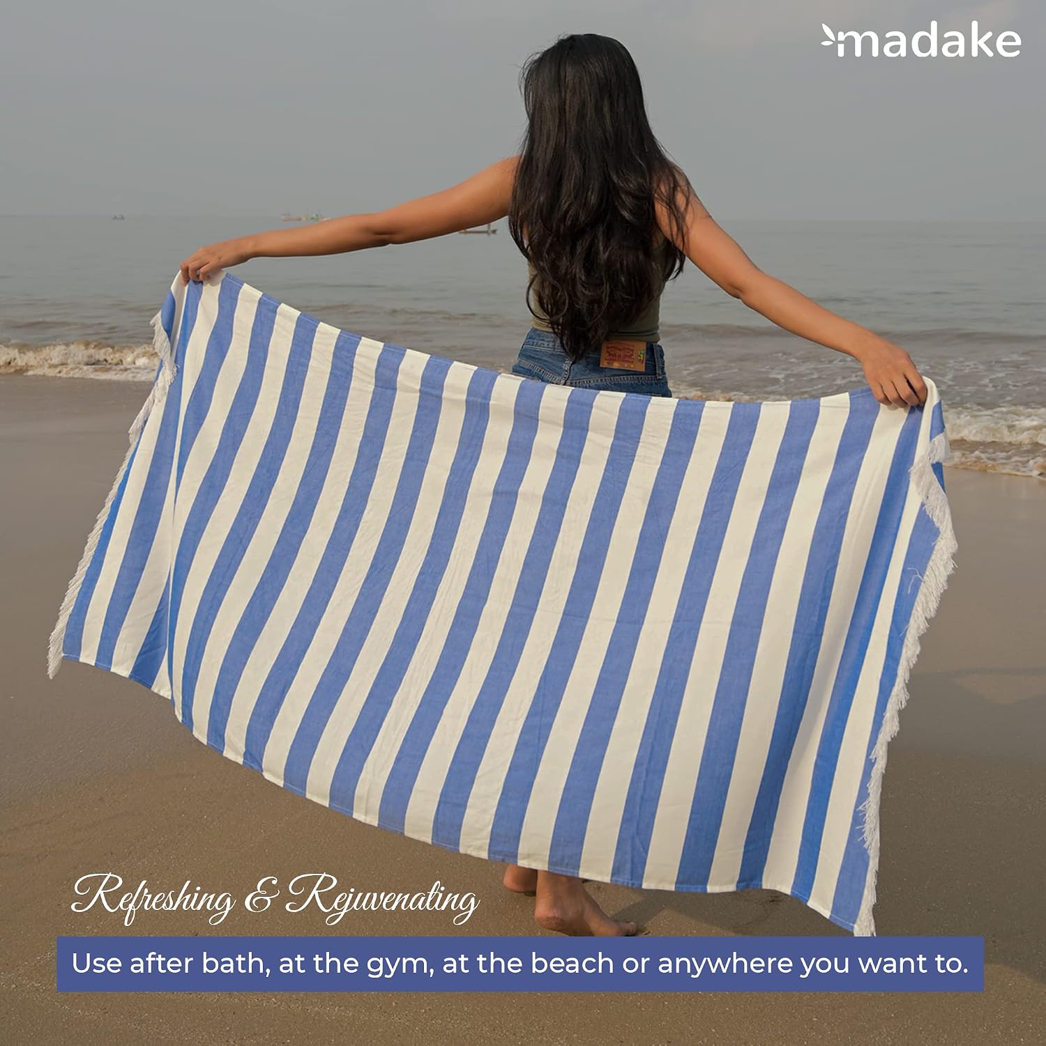 Madake Bamboo Ultra Soft & Thin Turkish Towel 454 Gsm | Quick Dry, Super Absorbent | Extra Large Bath Towel For Men & Women (Vacation Blue)