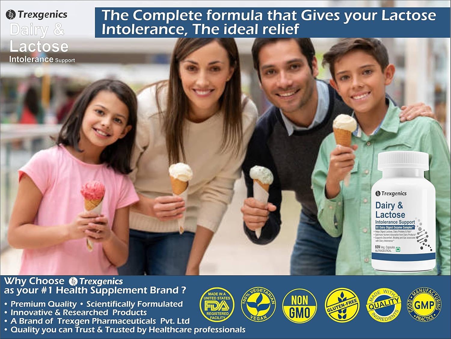 Trexgenics Dairy & Lactose Intolerence Support 9x Dairy Digest Enzyme Complex For Lactose, Dairy Fat, Protein & Carbs Digestion | 60 Veg Capsules, 100gm 0.2lbs Each Pack Of 2
