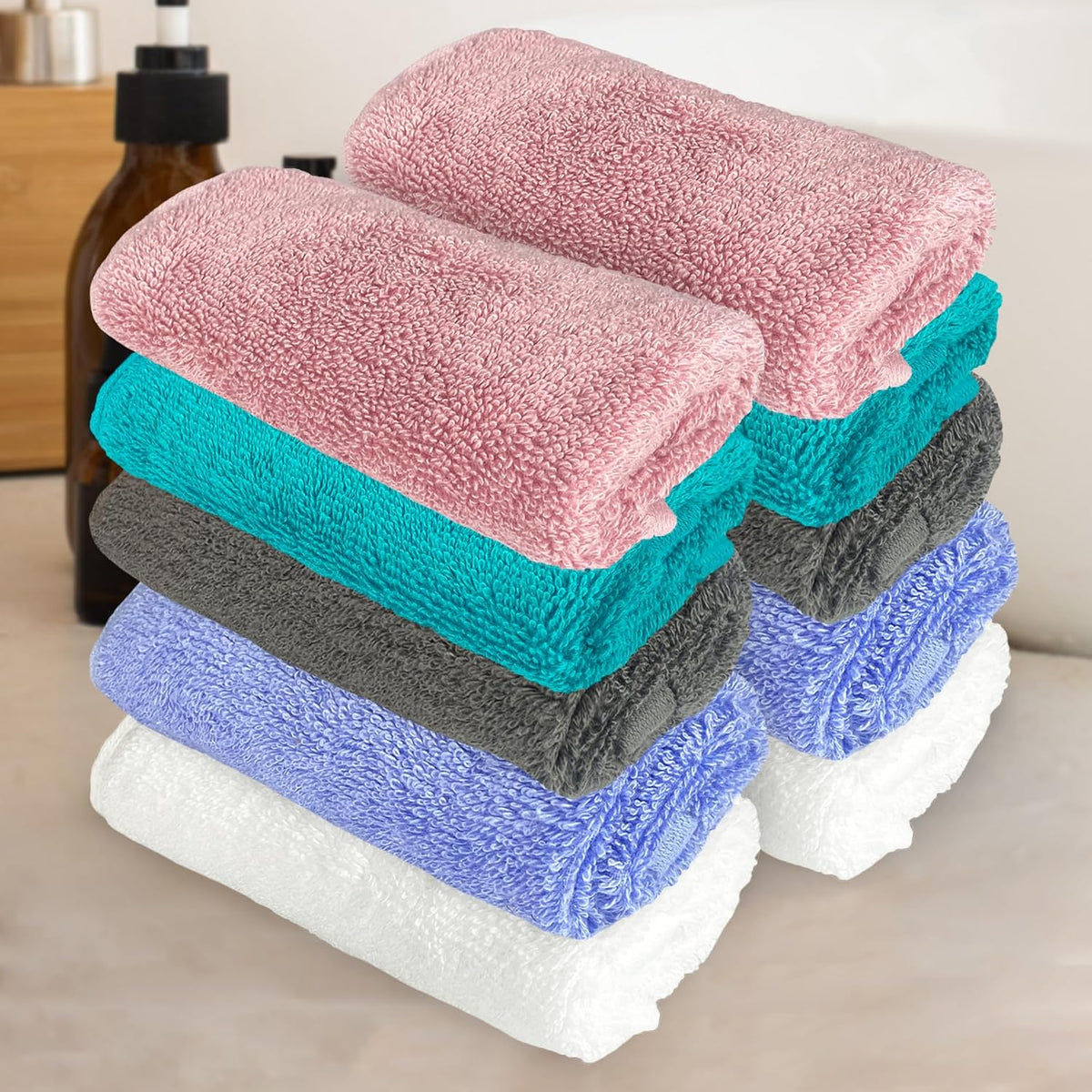 Heelium Bamboo Face Towel 1200 Gsm | Ultra Absorbent & Odour-Free 3x Softer Than Cotton Towels | Pack Of 10 -Peach, Teal, Grey, Iris & White