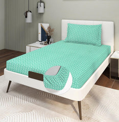1 Single Bedsheet With 1 Pillow Cover - 48 X 72 X 8 Inches, Green & White | All Around Elastic Fitted Bedsheets | Hand Wash Or Machine Wash Warm