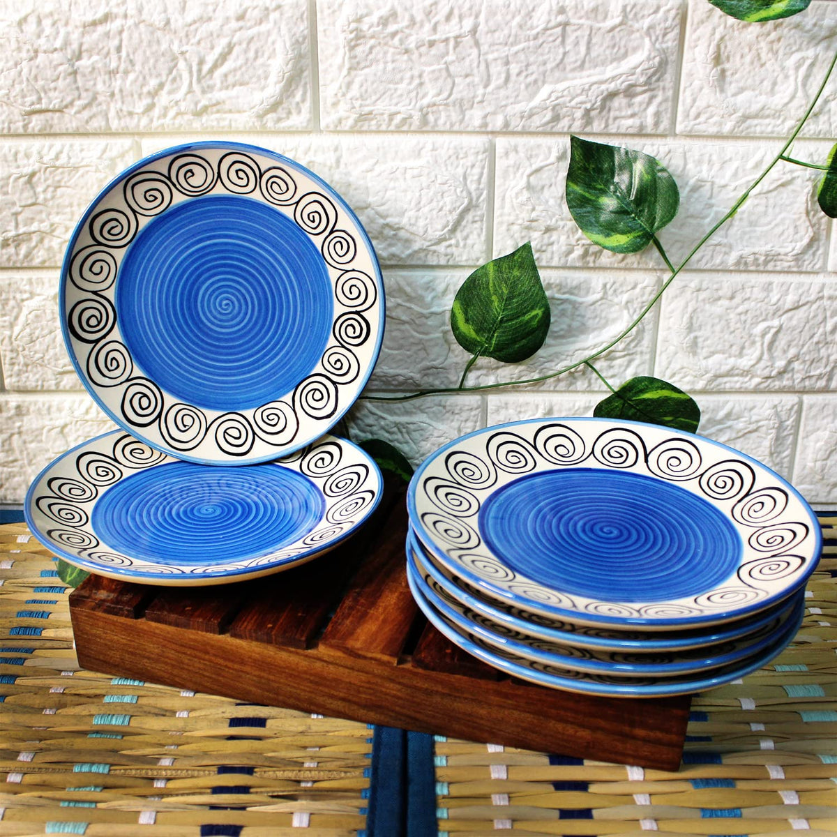 Blue Swirl Hand Painted Ceramic Quarter Plates Set Of 6 | Small Side Plates For Dinner & Snacks - 7 Inch, 6 Pieces, Microwave Safe