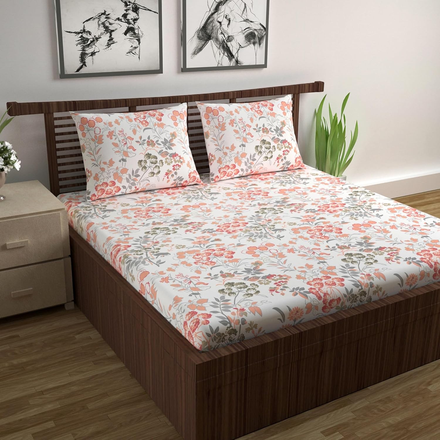 Queen Size Double Bedsheet With 2 Pillow Covers - 87 X 100 Inches, White & Peach | 144 Thread Count Pure Cotton Bedsheet - Light Weight, Soft, Skin Friendly | Perfect For Gifting