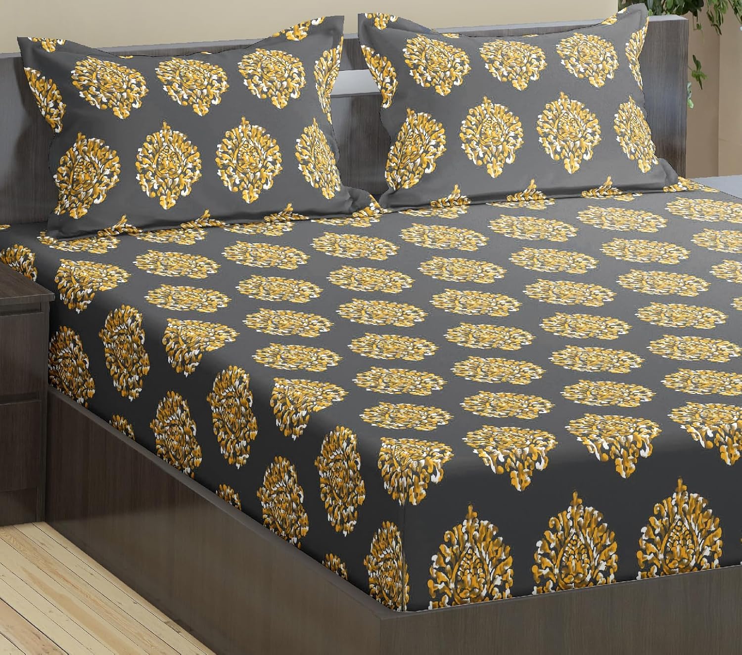 Jaipuri Design Cotton King Size Printed Bedsheet With 2 Pillow Covers - 108 X 108 Inches, Grey & Mustard | Ideal For Home Use & Perfect For Gifting On Weddings, Housewarmings & Festivals
