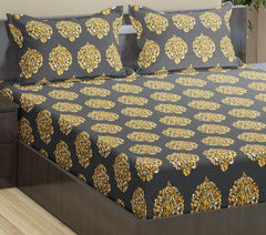 Jaipuri Design Cotton King Size Printed Bedsheet With 2 Pillow Covers - 108 X 108 Inches, Grey & Mustard | Ideal For Home Use & Perfect For Gifting On Weddings, Housewarmings & Festivals