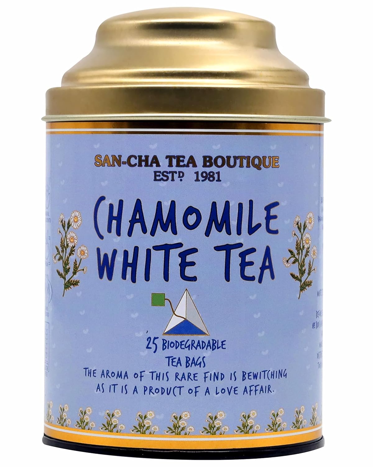 San-Cha Chamomile White Tea - 25gm, 0.8 Ounce, 25 Pyramid Tea Bags | Hand Plucked & Hand Rolled - Low Caffeine, Richest In Antioxidants