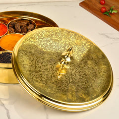 Premium Pure Brass Floral Etched Indian Spice Box For Kitchen With Spoon - 7 Containers, 80ml Each, Golden, Diameter - 7.2 Inches, Weight - 850gm | Peetal Masala Dani, Masala Dabba