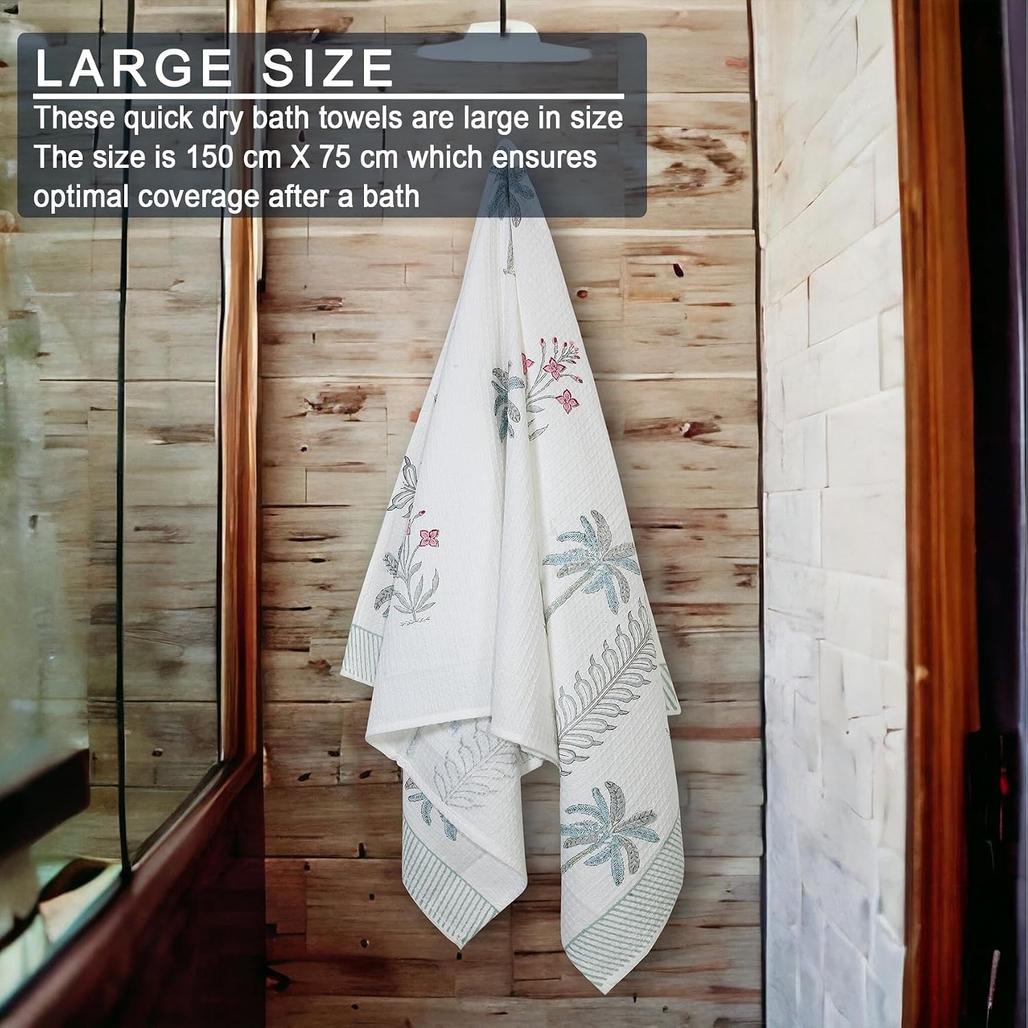 Urbano Homz 100% Cotton Large Size Bath Towel 350 Gsm | For Men & Women, Ethnic Bathing Towel (Teal & Grey With Red Flowers)