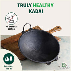 Pre-Seasoned Black Cast Iron Kadai With Saute - Small, 24 Cm, 9.4 Inch, 2 Liters, 2.8 Kg | Naturally Nonstick Kadhai, 100% Pure & Toxin-Free, No Chemical Coating