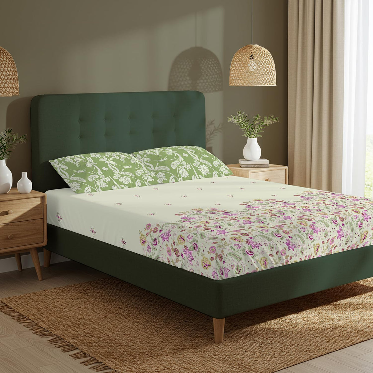 Double Bedsheet For Queen Size With 2 Pillow Cover - Size 88 X 100 Inches, Cream & Sage Green | Ideal Gifting Choice For Housewarmings, Weddings, Or Anniversaries