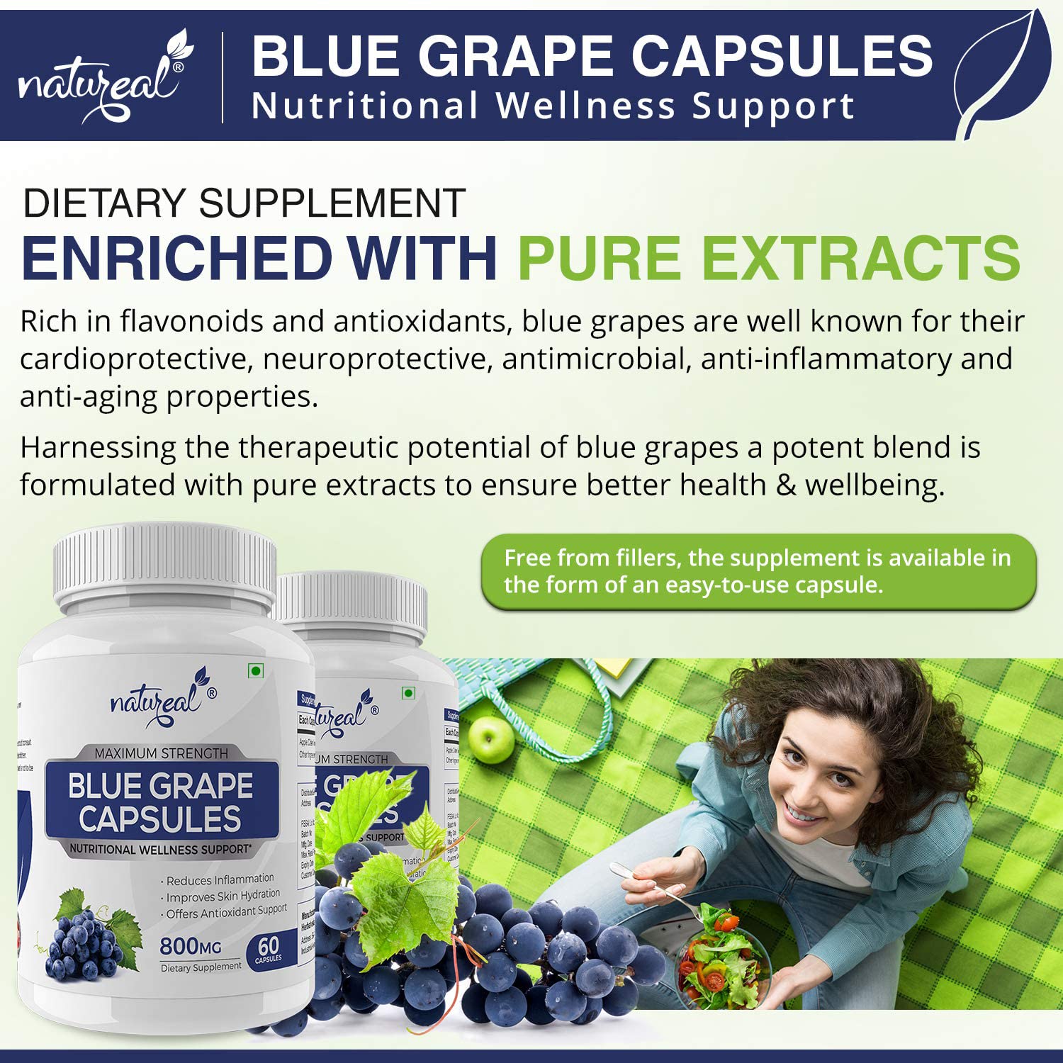 Natureal Blue Grape Capsules Reduce Inflamation Extract 800mg Capsules For Overall Wellness & Healthy Skin, Anti - Inflammtory & Antioxidant | 60 Capsules 100gm 0.2lbs Each Pack Of 3