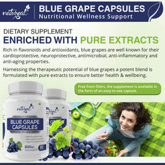 Natureal Blue Grape Capsules Reduce Inflamation Extract 800mg Capsules For Overall Wellness & Healthy Skin, Anti - Inflammtory & Antioxidant | 60 Capsules 100gm 0.2lbs Each Pack Of 3