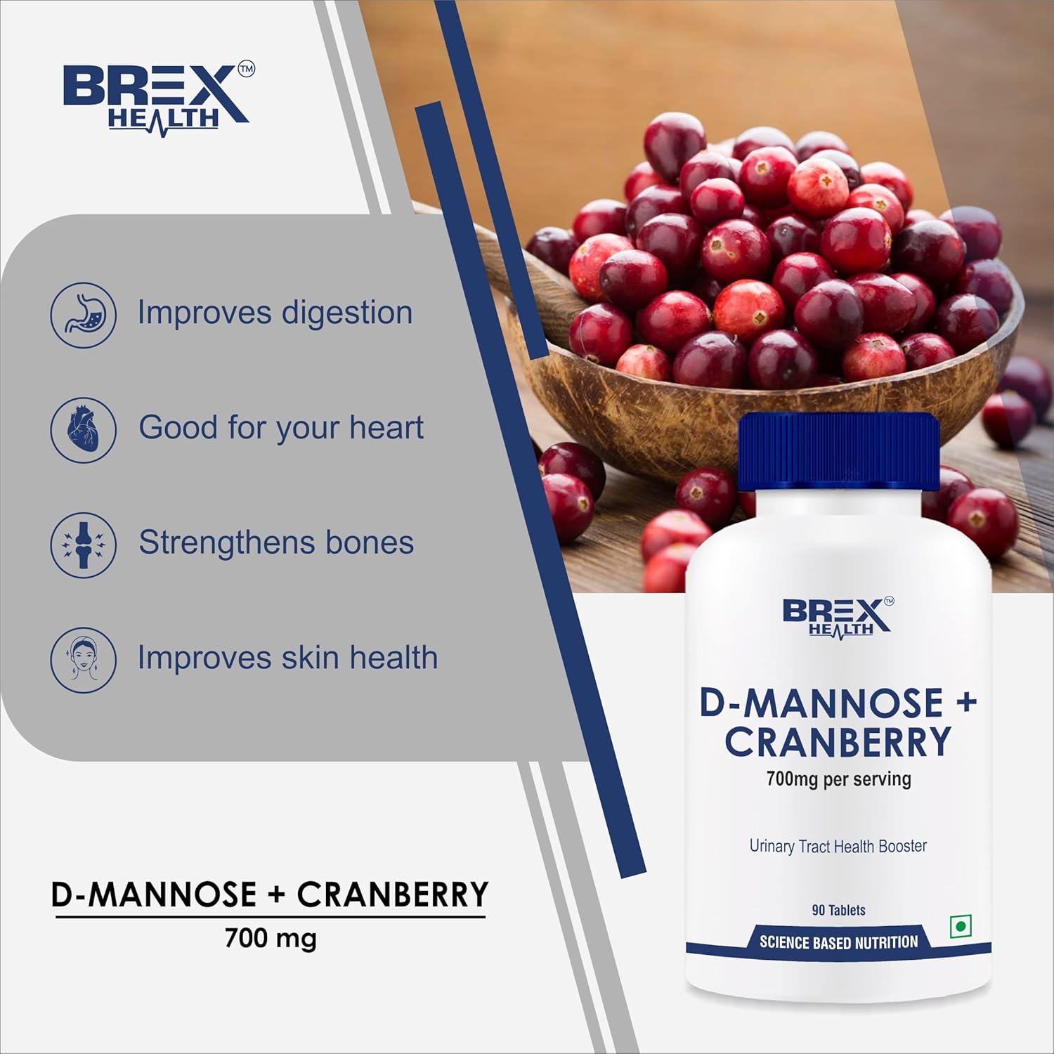 Brexhealth D-Mannose + Cranberry For Uti Supplements, Antioxidant Rich Supplement For Health | 90 Tablets 150gm 0.3lbs