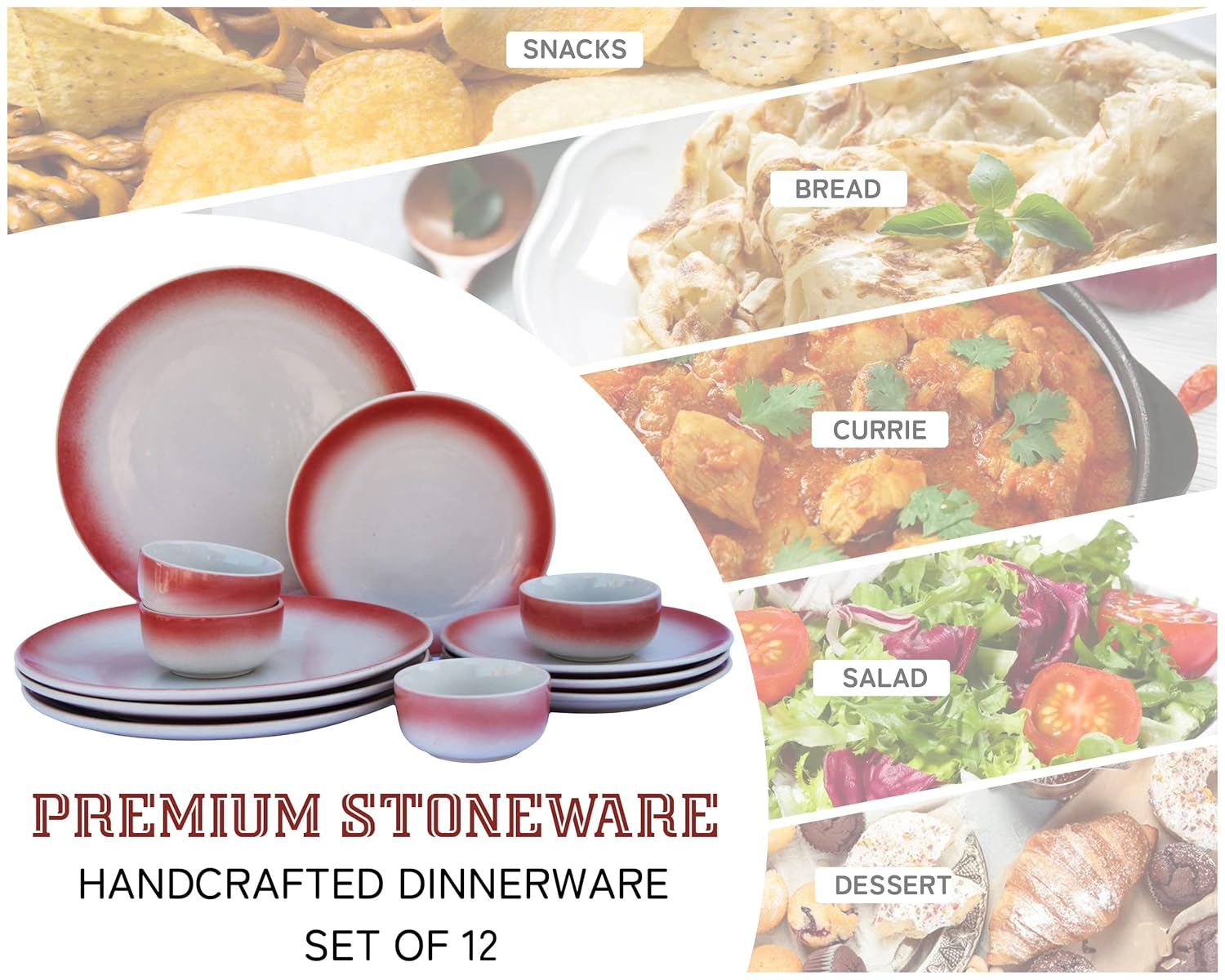 Handcrafted Ceramic Stoneware Dinner Set - Pack Of 12 Pcs, Off White & Red | 4 Dinner Plates, 10 Inch Each + 4 Small Plates, 7 Inch Each+ 4 Small Dinner Bowl, 180ml Each - Microwave & Dishwasher Safe