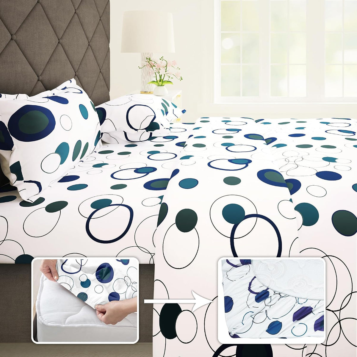 Bedsheet For Queen Size Bed With 2 Pillow Cover - 60 X 72 Inches, White & Blue | All Around Elastic Fitted Bedsheet - Perfect For Home Decor & Gifting