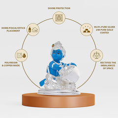 Silver Coated Lord Krishna Idol, Handcrafted Laddu Gopal Idol - Big Size - 6.5, Baby Krishna Statue, For Home Décor - Kanha Ji Ki Murti, Occasion, Makhan Chor Sculpture