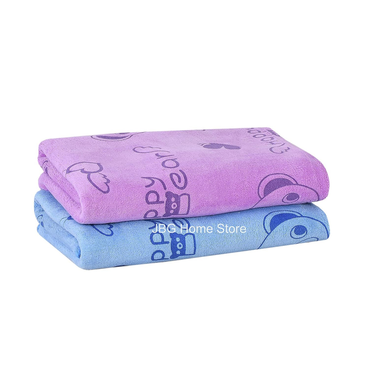 Jbg Home Store Kids Bath Towel 500 Gsm | Premium Microfiber Quick Drying Towels For Babies, Cartoon Print Wash Dry Cloth Towel (Purple & Blue Bear) - 2 Pcs