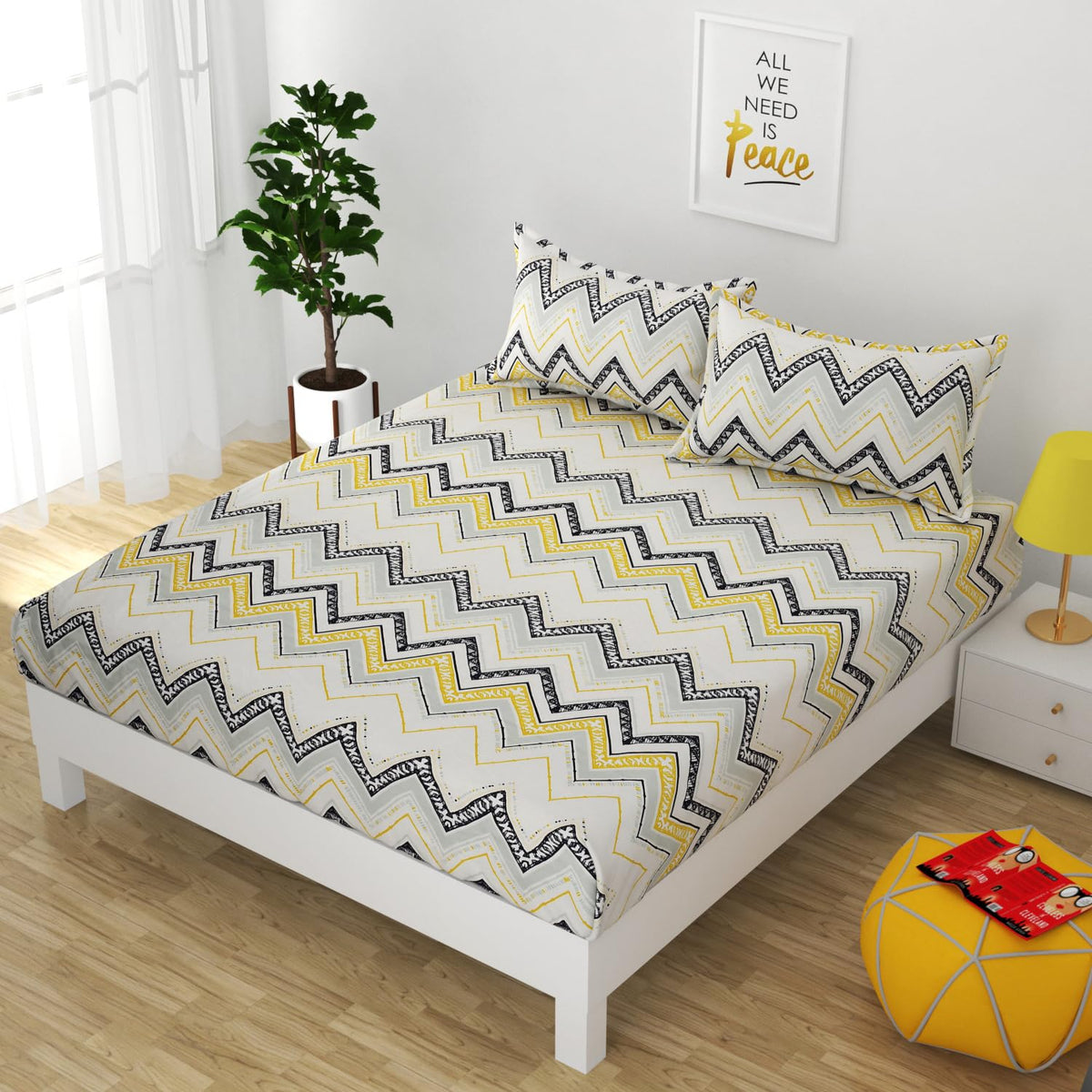 Printed Flat Bedsheet For Queen Size With 2 Pillow Covers - 90 X 100 Inches, Black & Yellow | Soft & Skin-Friendly Fabric | Suitable For All Seasons