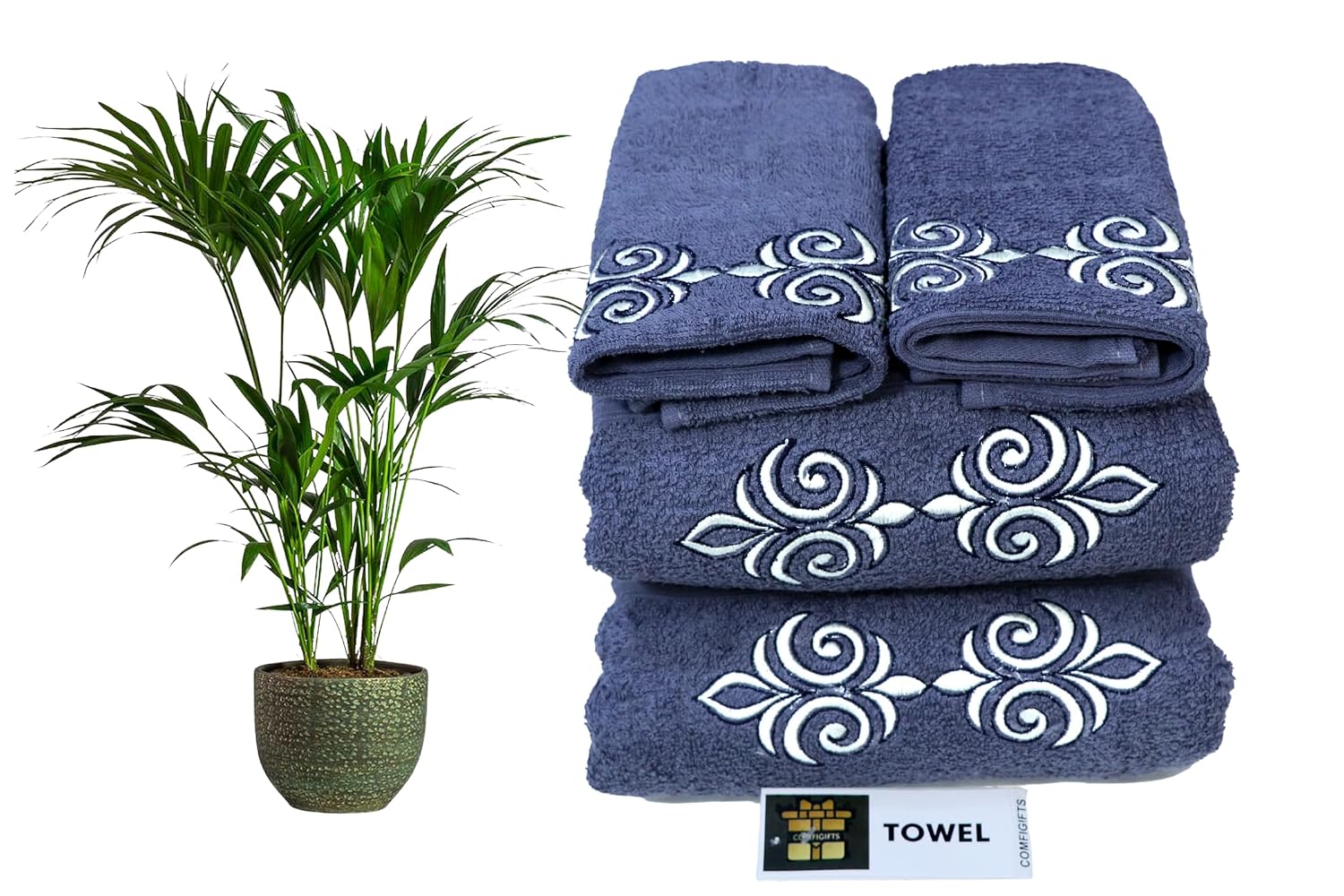 Comfigifts 100% Cotton 2 Bath & 2 Hand Towels 1400 Gsm | Soft, Absorbent, Lightweight Towels With Computerized Embroidery (Grey D1)