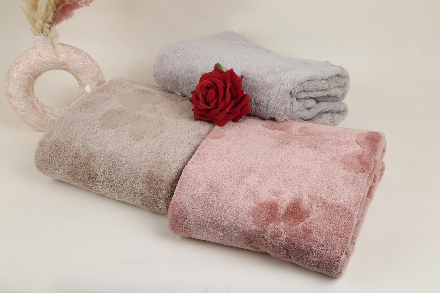 Hanker Ultra Luxury Large Size Plush Bath Towel 1500 Gsm | Blossom Super, Very Soft On Skin, Luxurious Fabric, Pure Polyamide Bath Towel (Beige, Peach & Gray) - 3 Pcs