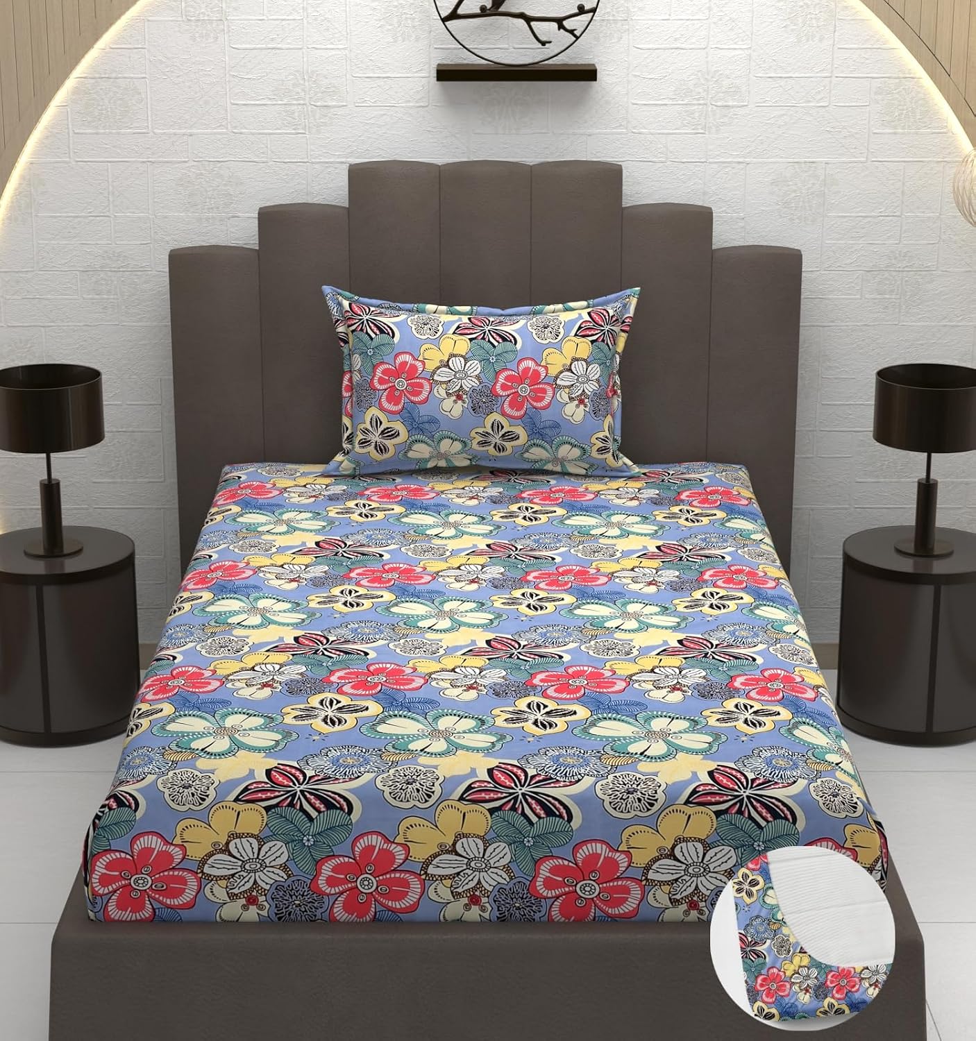 Elastic Fitted 1 Single Bedsheet With 1 Pillow Cover | 36 X 78 Inches, Multicolor - Breathable & Durable, Soft Touch & Perfect For All Seasons
