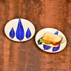 Hand Painted Ceramic Blue Leaf Quarter Plates Set Of 2 - 7 Inches, Blue & White | Dishwasher Safe Small Side Plates - Microwave Safe Snack Plates